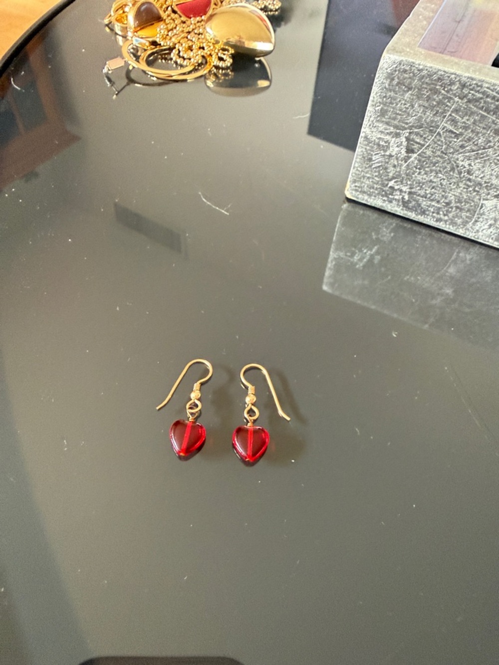 Gold-Tone Hook Earrings with Red Heart Drops